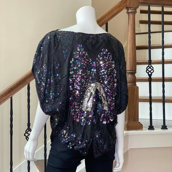 Vintage Cotton Castle Black Bow Sequins Top, M0579 - Picture 5 of 7